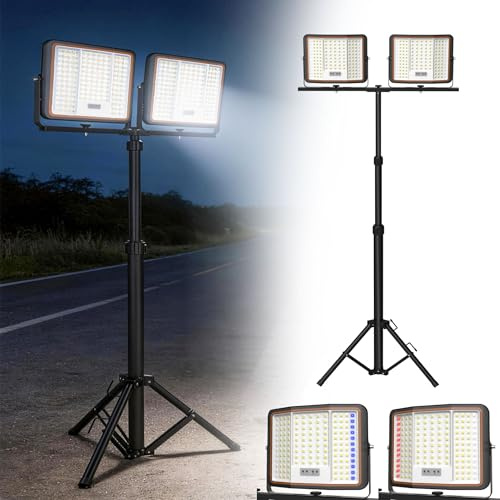 UISEBRT 2x100W LED Baustrahler Akku mit Stativ & 2M Typ-C Kabel,360° Drehbar,3 Lichtmodi,110-174cm höhenverstellbar,Kaltweiß IP66 Wasserdicht Strahler für Garage Werkstatt Baustelle
