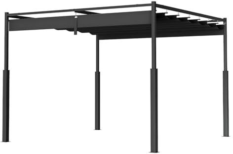 Eikuavons Pérgola de 3 x 3 m de acero con techo retráctil de poliéster revestido de PA de 180 g/m², para terraza, jardín y patio, con protección UV 30+, color antracita