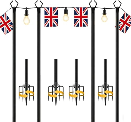 Paquete de 4 postes de luz de cadena de 10 pies, gancho de metal, postes para colgar luces al aire libre, postes de bandera para fiestas exteriores, patio, jardín, patio trasero, boda