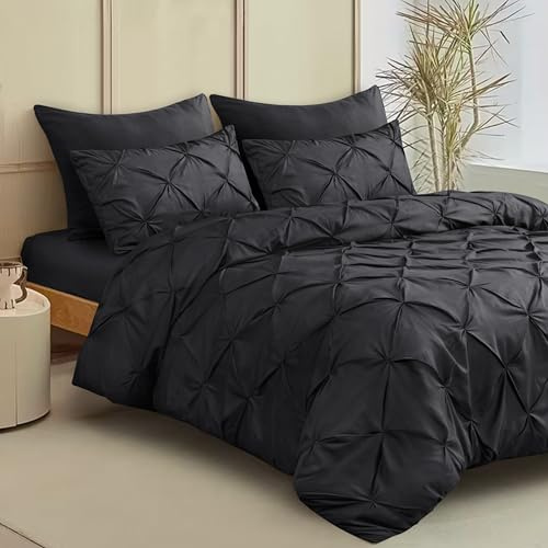 QATAN Luxury Pintuck Duvet Cover Set with Pillowcases – Elegant Microfiber Bedding Featuring a Stylish Pintuck Diamond Pleat Design, Soft & Durable, Machine Washable (Charcoal, Double)