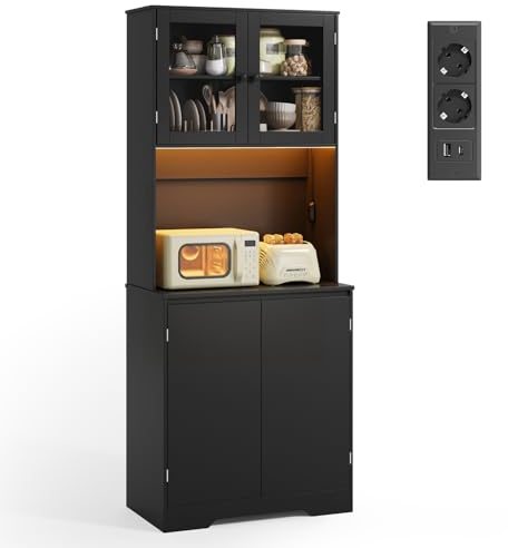 Xbro Küchenschrank mit Arbeitsplatte, Buffetschrank mit 4 Türen, Sideboard Küche mit Glastüren, verstellbaren Ablagen, LED und Steckdose, 70 * 40 * 180cm