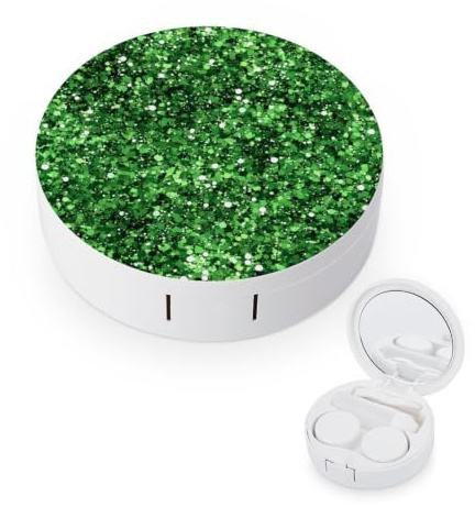 Green Glitter Pattern Round Travel Contact Lens Kit with Mirror | Portable Storage Case Leakproof Design for Outdoor Daily Office