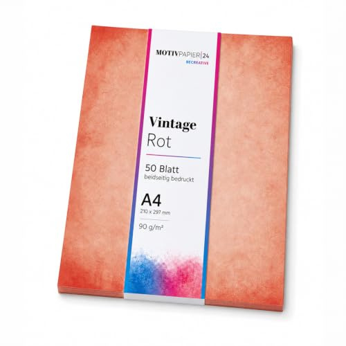 50 Blatt Briefpapier (A4) Vintage Retro rotes Design Papier | edles Motivpapier beidseitig bedruckt zum Basteln | Bastelpapier Retro marmortiert rot | 90 g/m²