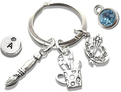 Hand made Artists Key Ring, Personalised Gift for Art Teacher, Paintbrush and Palette Charms, Painter Gift
