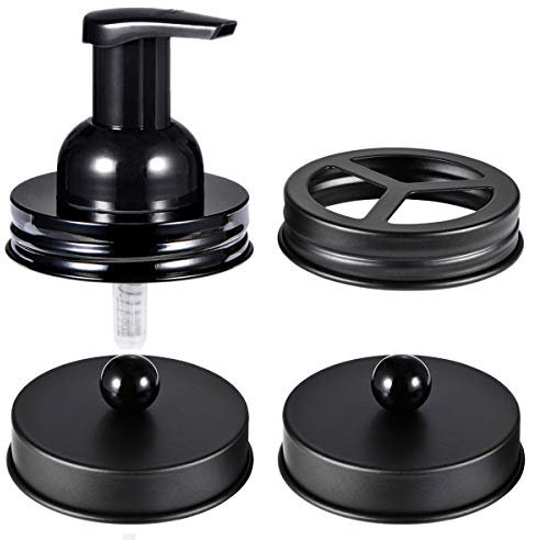 Komashr Mason Jar Bathroom Accessories Set(4pcs)- Jars Not Included - Foaming Soap Dispenser,Toothbrush Holder, and Apothecary Storage Jars Lids -Rustic Farmhouse Decor,Black
