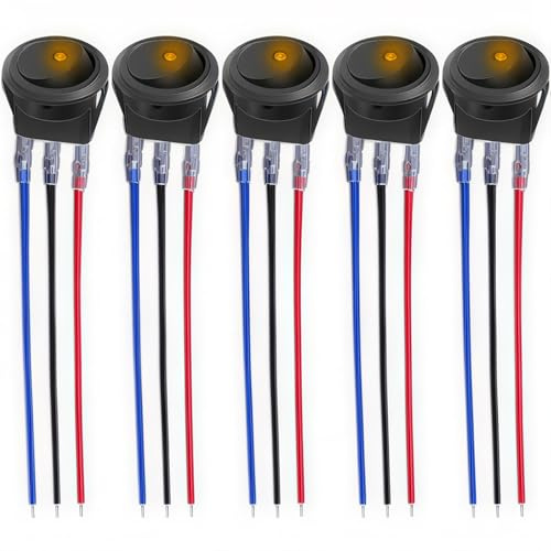 CESFONJER Interrupteur à Bascule Rond, Interrupteur à Bascule LED on/Off avec Une lumière Jaune de 12V 20A 3 Broches pour Voiture, Camion, Voitures de Course, véhicules de Loisirs, Marine(5 pièces)