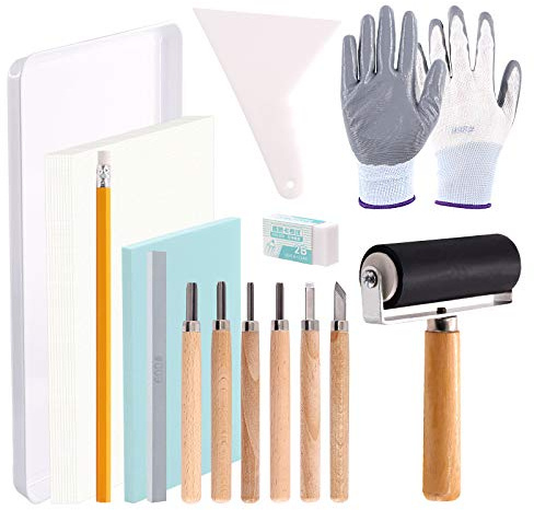 Swpeet 24Pcs Block Printing Starter Tool Kit, Rubber Stamp Carving Blocks, Ink Roller, Carving Tools, Gloves, Tracing Papers and Ink Mixing Tray for Stamp Carving