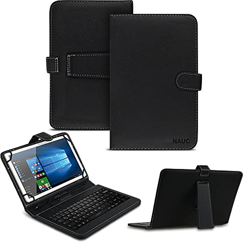 NAUC Tablet Tasche kompatibel mit Telekom T Tablet Keyboard USB Hülle Tastatur QWERTZ Tastatur Schutzhülle Standfunktion Magnetverschluss Cover Universal, Farben:Schwarz