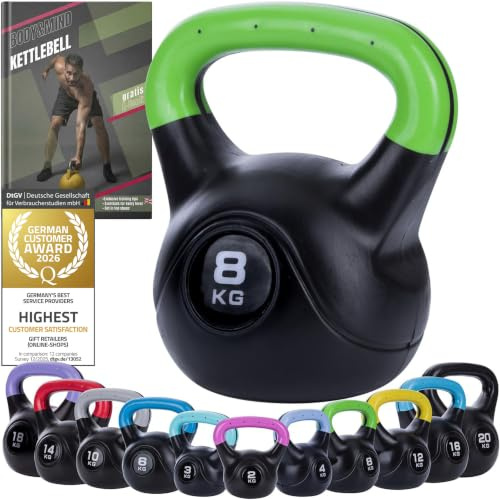 Body & Mind® Kettlebell 2–20 kg - Träningshantel med Plastbeläggning | Färgkodade vikter 2–20 kg - skonsam mot golvet - för hemmagym och idrottsföreningar