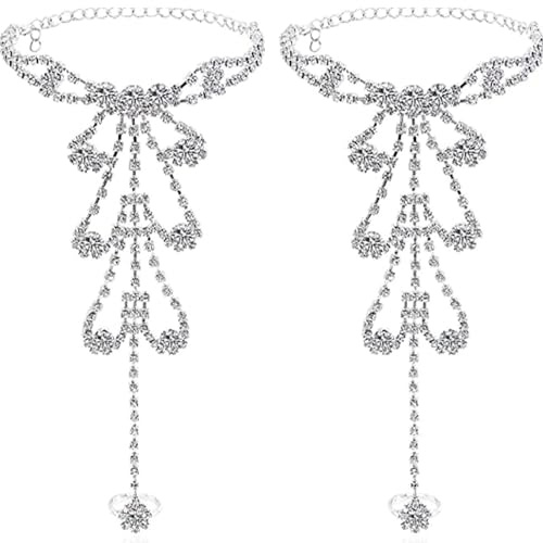 Riymusry Summer Barefoot Sandals with Foot Chain Jewelry, Crystal Toe Ring Anklets & Bridal Rhinestone Foot Chain for Women (Silver)