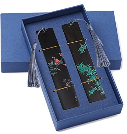 Hoshisea 2 Stück Handgemachte Holz Lesezeichen, Lesezeichens Geschenkbox-Set, Holz-Lesezeichen mit Anhänger, für Studenten, Leseratten und Bücherliebhaber (Pflaumenblüte)