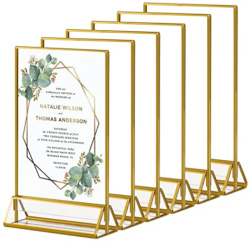 Dezzer Supporto per cartelli in acrilico con bordi dorati e supporto verticale, confezione da 6 supporti verticali per menu da tavolo per matrimoni, banchetti, cartelli(12,7 x 17,8 cm)