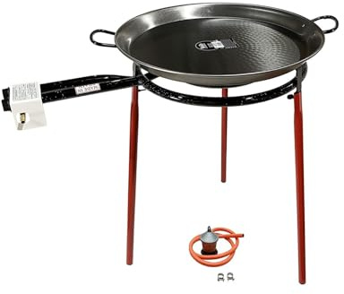 FERRETERIA LEPANTO Kit Paellero, Quemador a Gas butano, paellera acero pulido, regulador de Gas + 1,5 metros de Manguera, soporte de 3 Patas reforzadas (50)