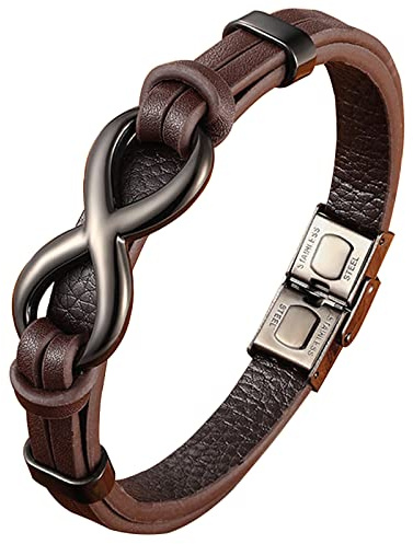 NEHZUS Herren Edelstahl Unendlichkeit echtes Leder Cord Armbänder für ihn Handgelenk Armreif Armband