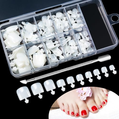 100 stycken falska tånaglar kit, 10 storlekar, naturliga konstgjorda tånaglar för fastsättning, Full Cover akryl konstgjorda fotnaglar tips med låda för damer och kvinnor, nagelkonst, gör-det-själv