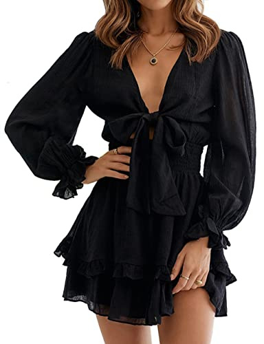 PHENHU Women's Dress Deep V-Neck Long Sleeve Knot Front Ruffle Hem Casual Short Dress