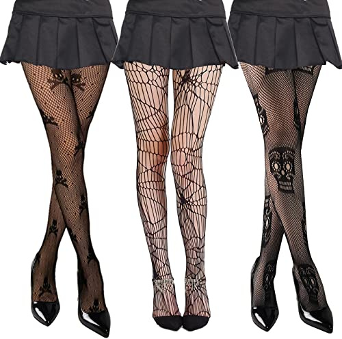 3 Paar Netzstrumpfhose Schwarz Halloween, Netz Strumpfhose Totenkopf Spinnen, Spinnennetz Strumpfhose, Skelett Strumpfhose Damen, Halloween Kostüm Accessoires Tag Der Toten Festival Karneval Strümpfe