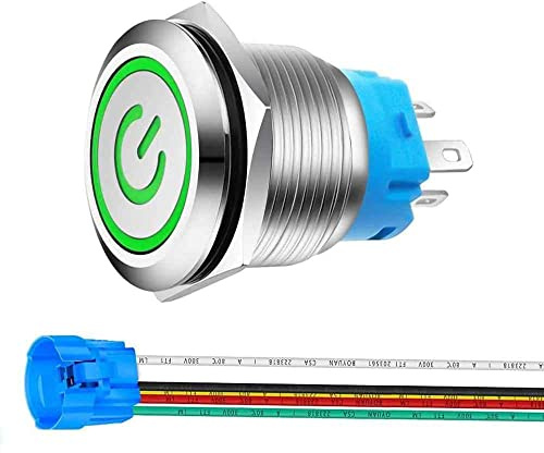 AUTOZOCO Interruptor de botón | Interruptor de bloqueo | Pulsador LED de bloqueo | Pulsador interruptor de encendido | Interruptor LED | 19 mm | ON/OFF | 12V-24V | 5A | Acero inoxidable | LED verde