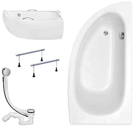 KOLMAN Badewanne MILENA Eckbadewanne 150x70 Rechts mit AcrylSchürze, Ablaufgarnitur und Füßen Komplettset 4in1 Premium Original Acryl Wanne Siphon