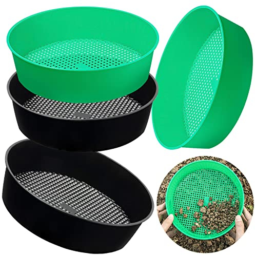 4 Pack Garden Soil Compost Sifter Round Plastic Sand Sieve, Sifting Pan Set