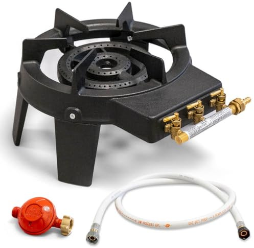 PROWELTEK - Rechaud à gaz en Fonte véritable 4 Pieds 2 bruleurs + Tuyau gaz à vis 1.50m + Détendeur Propane TRIGLAV 9800