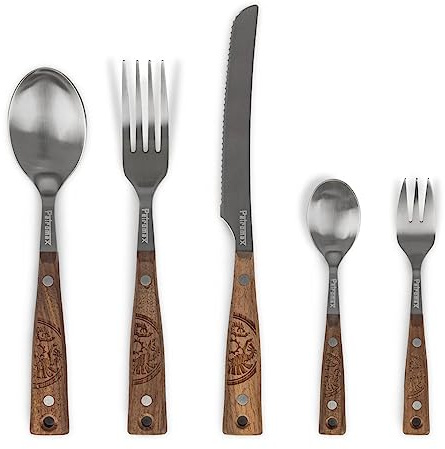 Petromax Camping Besteck Set - 5-teilig Outdoor Besteckset aus Edelstahl | Besteck mit Griffen aus Walnussholz, Retro-Optik & Aufhängeöse für Van und Rucksack, robustes Edelstahlbesteck für Outdoor