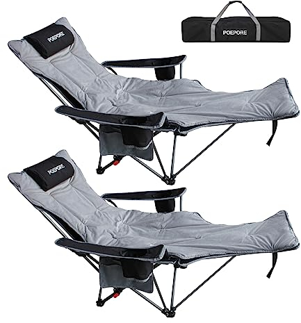 POEPORE Campingstuhl 2er Set Faltbar mit Fußablage 4-Fach Verstellbarer Strandstuhl Liegestuhl Angelstuhl Campingstühle für Erwachsene mit Wattepad Kissen Getränkehalter Armlehnentaschen Schwarz