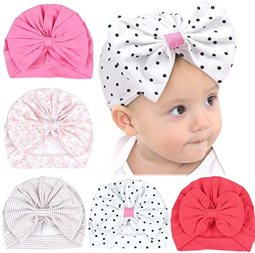 Katutude Babymützen Baby Turban Hüte Mit Schleife, Neugeborene Mütze Elastische Nette Kleinkind Stirnbänder 0-12 Monat Mädchen Brötchen Knoten Stirnband Beanie Caps, 5PCS