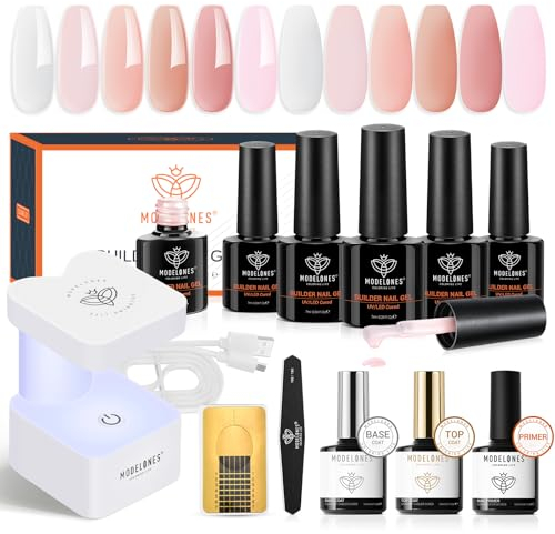Modelones Builder Gel für Nägel mit Lampe, Aufbaugel für Gelnägel, Rosa Weiß 6 Farben Builder Gel in A Bottle mit Top und Base Coat, UV Nagelverlängerung Quick Extension für Nail Art Nägel