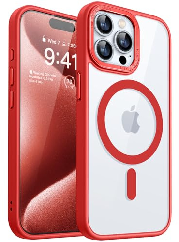 CANSHN Cover Magnetica Trasparente per iPhone 15 Pro Max, [Compatibile con MagSafe] Custodia Protettiva Antiurto per Telefono - Rosso