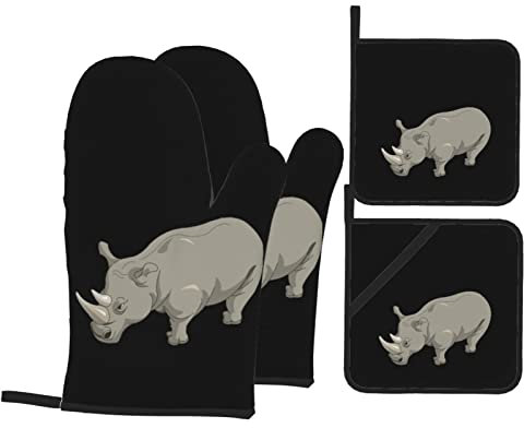 Angry Rhino Print Ofenhandschuhe Topflappen Set Hitzebeständige Ofenhandschuhe Handschuhe Topflappen zum Kochen Grillen (4-teiliges Set)