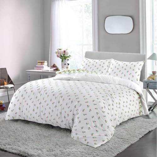 HOMES-LINEN Rosebud Flannelette Duvet Quilt Cover Set Floral Thermal Flannel 100% Brushed Cotton (Single, Pink)