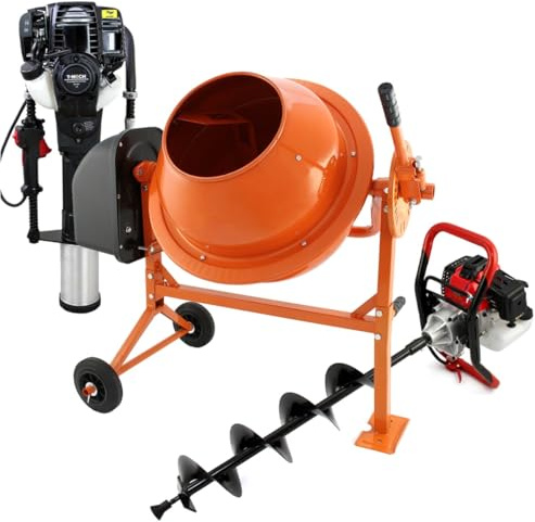 Earth Auger Bundle, 70L Electric Cement Mixer & 4 Stroke Engine Post Driver Petrol Garden Drill Rammer Planting Fence Post Ground Earth Auger with 52cc Petrol Engine 3 Drill Attachments Portable