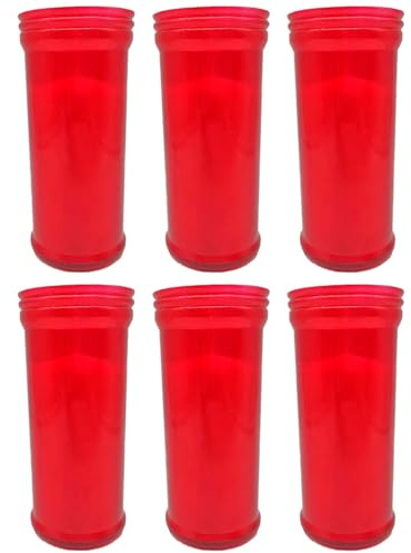 Tradineur - Pack de 6 velones litúrgicos, Velas de Santo de parafina y Cera Vegetal, decoración de Iglesias, cementerios, tumbas (Rojo, 16 cm)