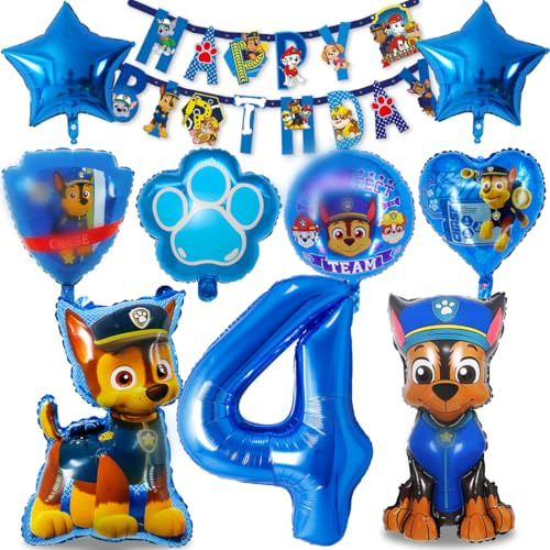 Dog Patrol Geburtstag Deko 4 Jahre, Luftballon Folienballon Blau, Happy Birthday Banner für Dekoration Kindergeburtstag