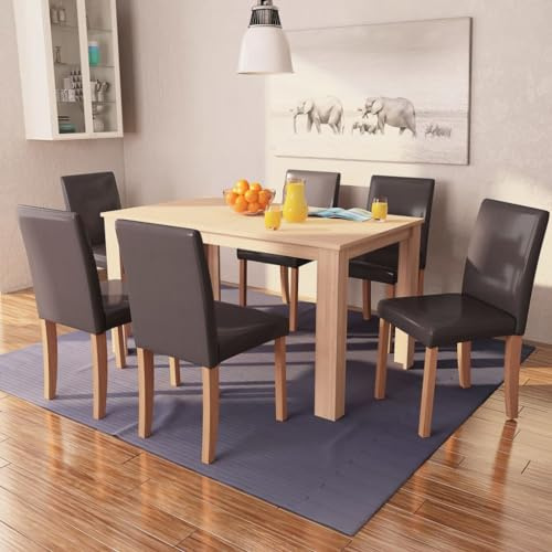 CKioict Esstisch stühle Armlehnstuhl Esszimmermöbel Esszimmertisch und Stühle 7-TLG. Kunstleder Eiche BraunGeeignet für Wohnzimmer, Küche, Lounge