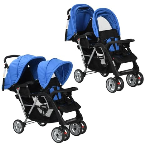 Rantry Passeggino Gemellare a Tandem in Acciaio Blu e Nero, Mobili per Interno Esterno Casa Soggiorno Decorazione da Mobili Camera