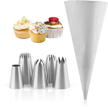 Profi-Spritzbeutel-Set Mit Tüllen - 6 Stück Dekorieren Werkzeug, 5 Edelstahl Spritztüllen und 1 Weiß Baumwolle-Spritzbeutel für Kuchen, Torten, Keksen-Dekoration