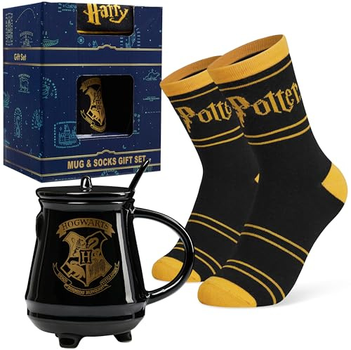 Harry Potter Tasse & Socken Damen Teenager Geschenkset, Keramik Kaffeebecher, Kuschelsocken Größe 35–41, Hogwarts Design, Geschenke für Frauen & Fans (Schwarz, 35/41 EU)