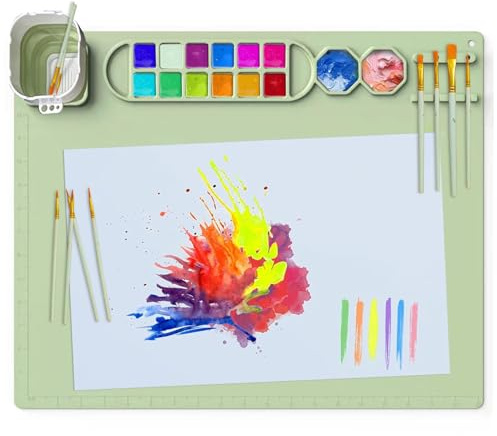 Kujinova Bastelmatte Silikon Zusammenklappbar, Malmatte mit Becher und 10 Pinsel 51 x 41 cm, Malunterlage Silikon, Rutschfest, Multifunktional Silicone Painting Mat für Malen, DIY Kunst (D)​