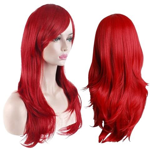 Parrucca lunga rosso per donna - Bionde lunghe per donna Parrucche sintetiche capelli ondulati naturali con radice scura parrucca anime parrucca in fibra chimica (Rosso)