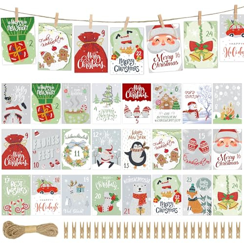 SHEPIN 24 Stück Adventskalender Diamond Painting Weihnachtskarten, A6 Weihnachten Postkarten mit 24 Holzklammern, 10 Meter Schnur. Diamant Painting Adventskalenderkarten Weihnachten Geschenk