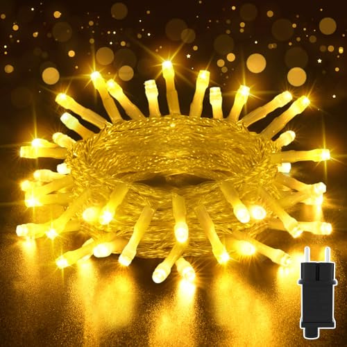 Isisyu Lichterkette Außen Timer 10M 100LED Lichterkette Außen Weihnachten Strom mit Speicherfunktion, Wasserdicht 8 Modi Warmweiß Weihnachtsbeleuchtung für Außen Innen Garten Balkon Weihnachten Party