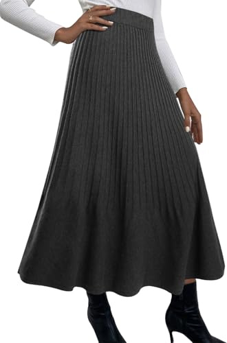 Adigaber Women's Long Skirts High Waist Knitted Pleated Skirt A-Line Elasticated Waist Winter Skirt Dark Grey