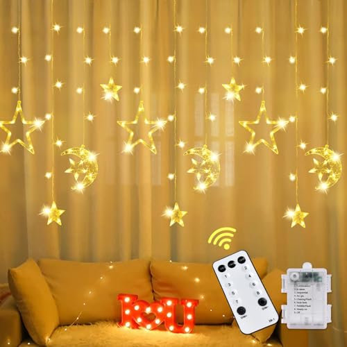 IEEILULU LED Ramadan Licht Stern Mond Lichterketten, 3.5m Sterne Mond Deko Licht, Eid Mubarak Licht LED mit 8 Blinkenden Modi, Lichtervorhang Innen Außen Deko für Ramadan, Party, Fenster, Hochzeit