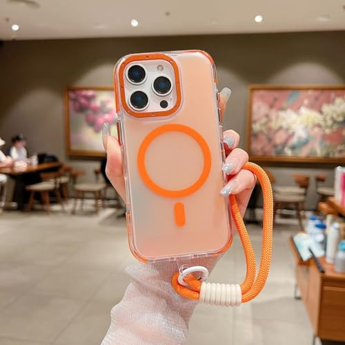 JYNCHDZ for iPhone 14 Pro Max Case Shockproof Magnetic iPhone 14 Pro Max Silicone Case Compatible with MagSafe Wireless Charging Stylish Slim Bumper Protective Cover with Wrist Strap, Orange