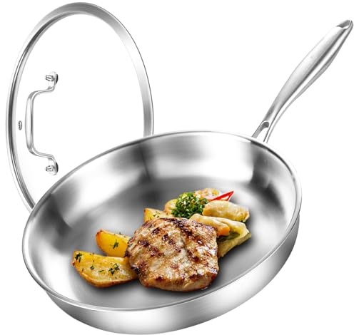 DELARLOCHEF Treskikts stekpanna i rostfritt stål med lock 24 cm, snabb jämn värme, energibesparing, 24 cm induktionsstekpanna, rostfritt stål stekpanna för biff, ägg etc. Ugnssäker