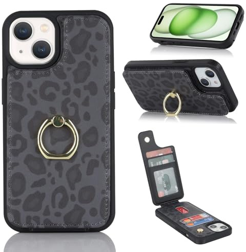 Cavor Phone Case compatible with iPhone 15 Case With Card Holder,Flip Leather Wallet Case,Buckle Metal Ring Shockproof Cover Case compatible with iPhone 15 - Black Leopard