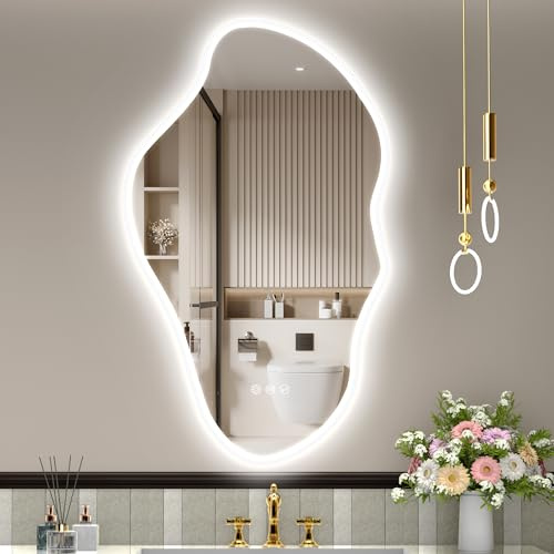 STARLEAD Oregelbunden badrumsspegel med belysning 100 x 60 cm, LED-badrumsspegel med Bluetooth, dimbar 3 färger, imskydd, minne, IP44 vattentät, härdat glas, horisontell/vertikal