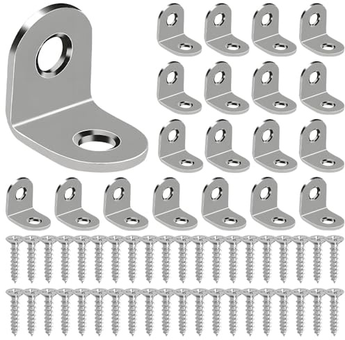 20 Pcs Angle Brackets, Stainless Steel Right Angle Bracke | 20 × 20mm Right Corner 90 Degree L Shaped Bracket with 40 Stainless Steel Screws for Furniture Shelves Cabinets DIY Projects